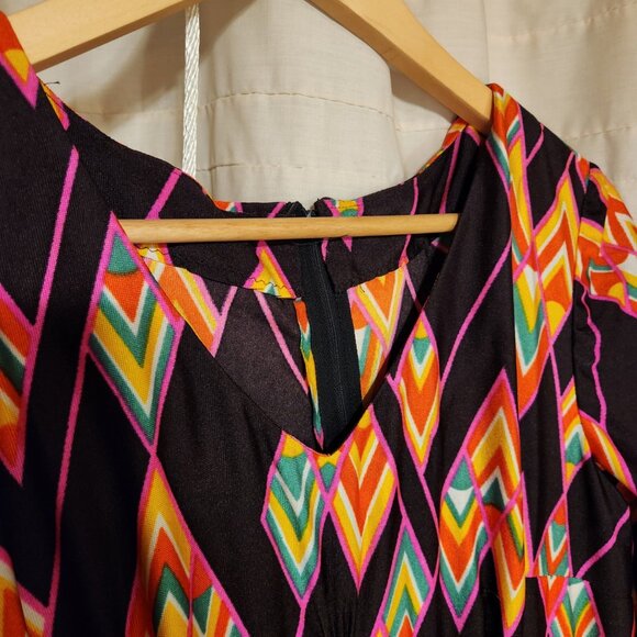 🌈 VTG 70s Geometric Maxi Gown Black Pink Orange Disco 🕺 - Picture 5 of 7